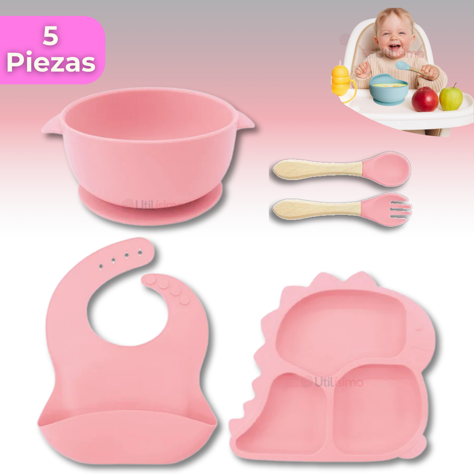 Set De Alimentación Bebé Silicona 5 Piezas Dinosaurio Libre BPA