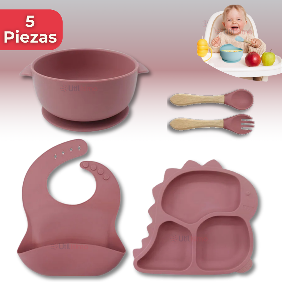 Set De Alimentación Bebé Silicona 5 Piezas Dinosaurio Libre BPA