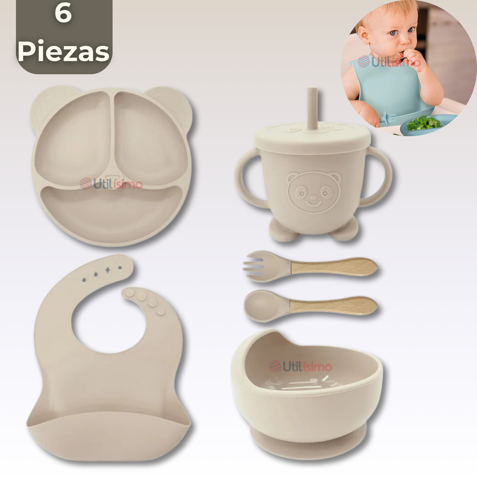 Set De Alimentación Bebé Silicona De Oso 6 Piezas Libre BPA