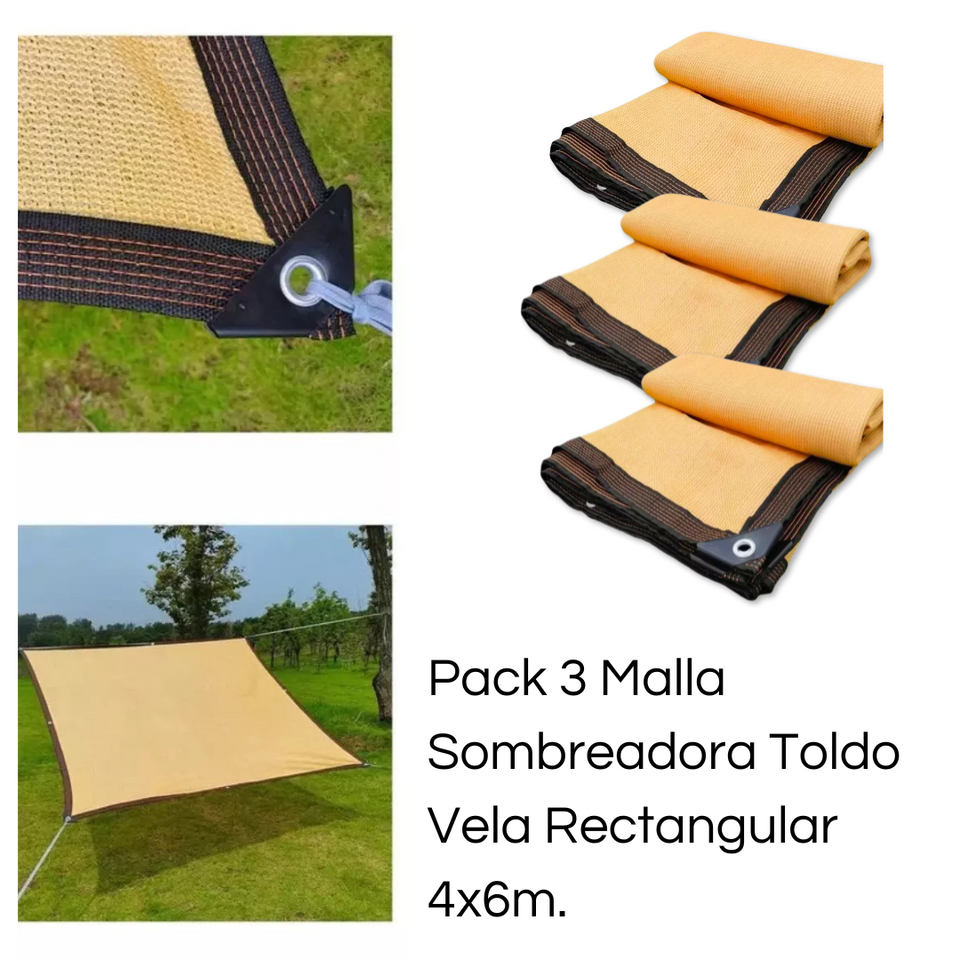 Pack 3 Malla Sombreadora Toldo Vela Rectangular 4x6m Hdpe Beige Protección UV