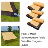 Pack 3 Malla Sombreadora Toldo Vela Rectangular 4x6m Hdpe Beige Protección UV