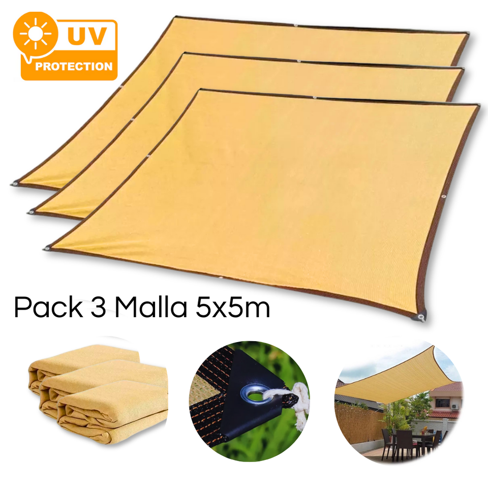 Pack 3 Malla Sombreadora Toldo Vela Rectangular 5x5m Hdpe Beige Protección UV