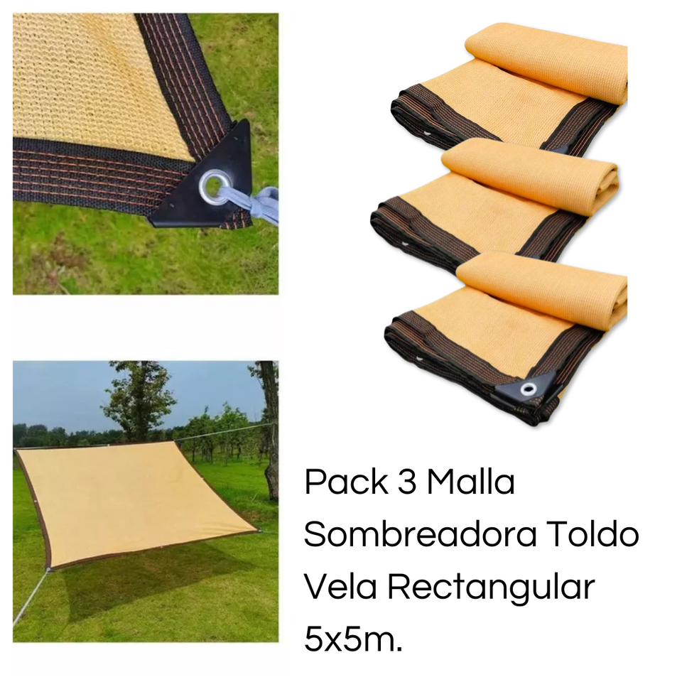 Pack 3 Malla Sombreadora Toldo Vela Rectangular 5x5m Hdpe Beige Protección UV