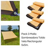 Pack 3 Malla Sombreadora Toldo Vela Rectangular 5x5m Hdpe Beige Protección UV