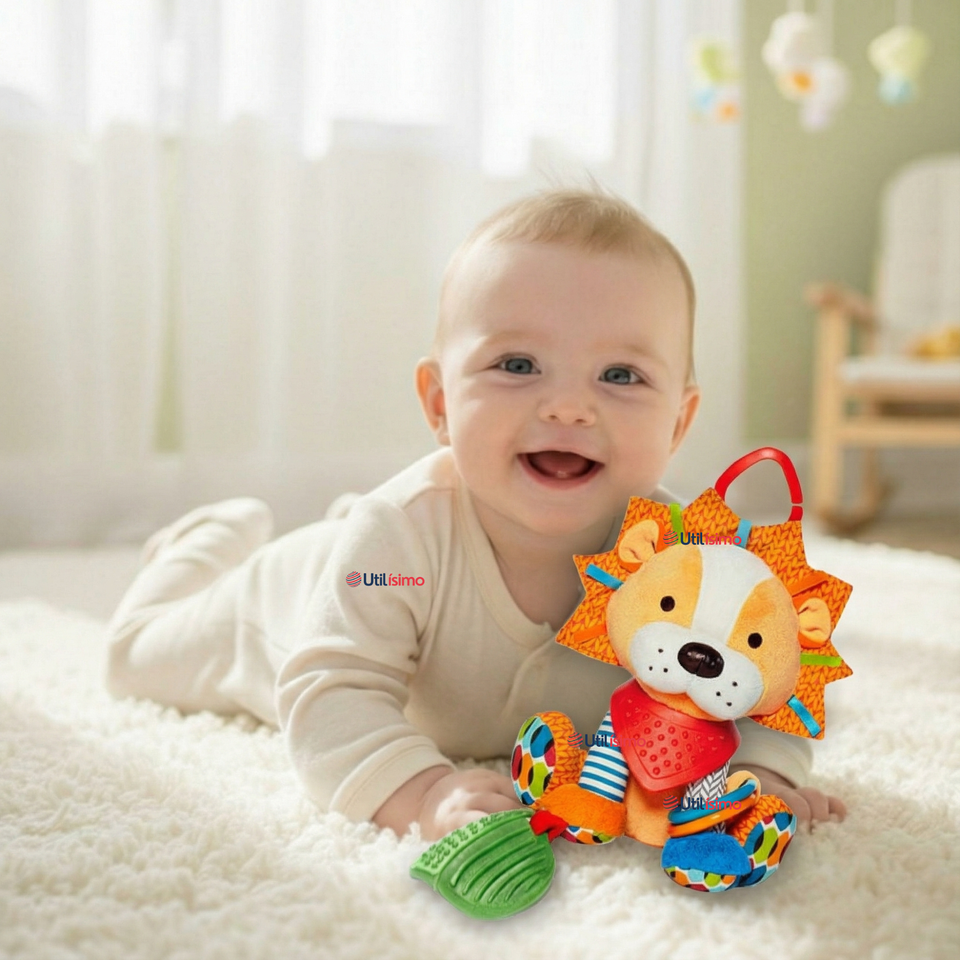 Juguete Peluche Animales Sensorial Con Mordedor Y Sonajero Diseño León Niña y Niño