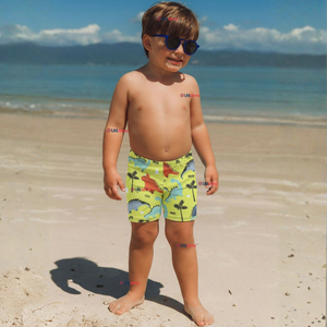 Short De Playa Para Niños Traje De Baño Pantalón Corto Amarillo Dinosaurios