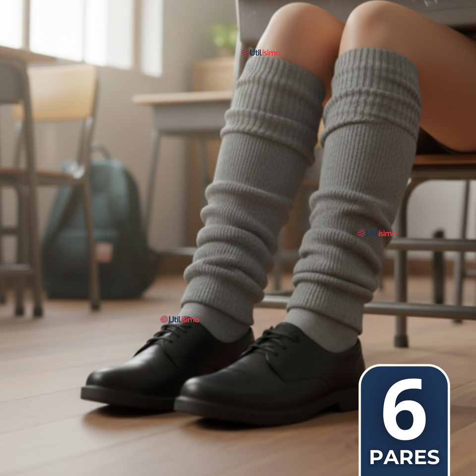 Pack 6 Polainas Escolares Invierno Abrigadoras Niña Gris Acrílico