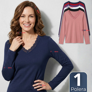 Camiseta Polera Polar Cuello V Manga Larga Con Encaje Colores Surtidos Mujer