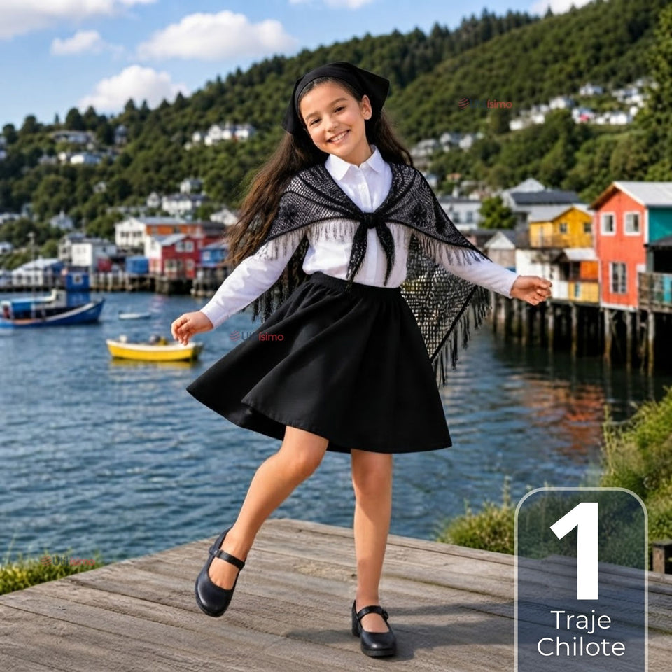 Traje Chilote Niña Negro Fiestas Patrias Con Camisa 4 Piezas Tradicional Chilota