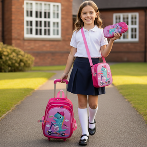 Mochila Escolar Con Ruedas + Estuche + Lonchera Poliéster Niña