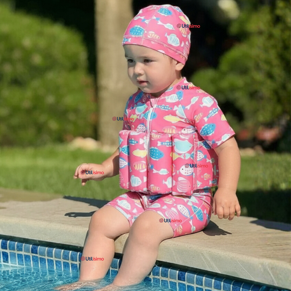 Traje de Baño Flotador Enterito Con Gorro Niña 2 Piezas 9 a 36 Meses Pink Sea