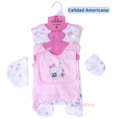 Set 8 Piezas Ajuar Niña Coneja Globos Rosa Jump Kids 100 % Algodón