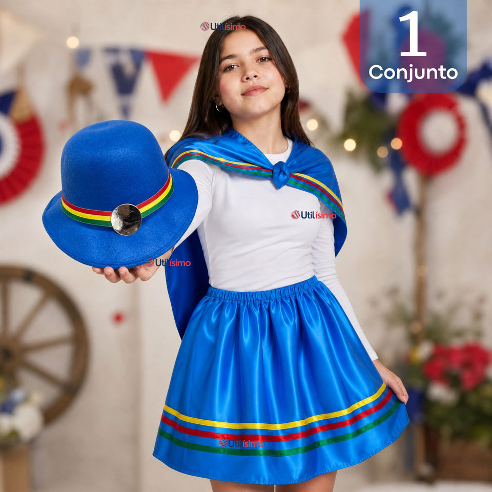 Traje Nortino Juvenil Con Polera 4 Piezas Azul Baile Típico Fiestas Patrias