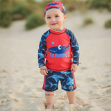 Traje de Baño Con Gorro Pantalón Corto Manga Larga 3 Piezas Corte Split Niño 1 a 5 años Red Whale