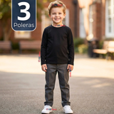 Pack 3 Poleras Camisetas Polar Negra Primera Capa Escolar Cuello Redondo Manga Larga Niño