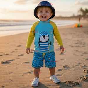 Traje de Baño Manga Larga Pantalón Corto 2 Piezas Corte Split Niño 3 a 9 años Blue Penguin