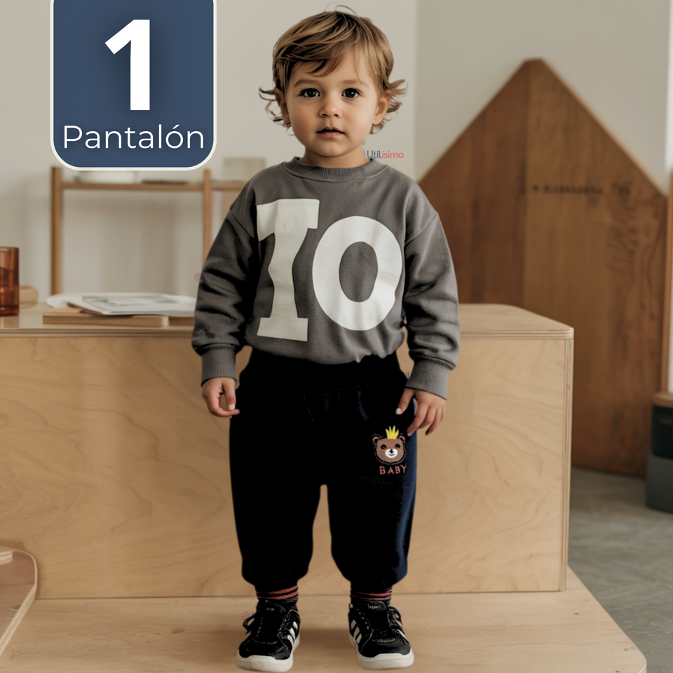 Buzo Solo Pantalón Cotelé Bebé Niño Forrado en Polar Negro
