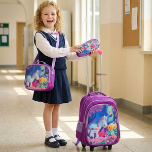 Mochila Escolar Con Ruedas + Estuche + Lonchera 46cm Desmontable Poliéster Morado Unicornio Niña