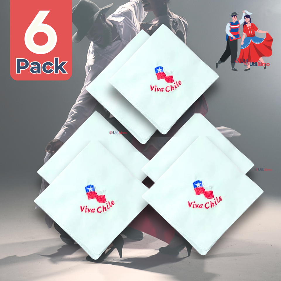 Pack 6 Pañuelos Baile Cueca 45CM Bordado Viva Chile Fiestas Patrias