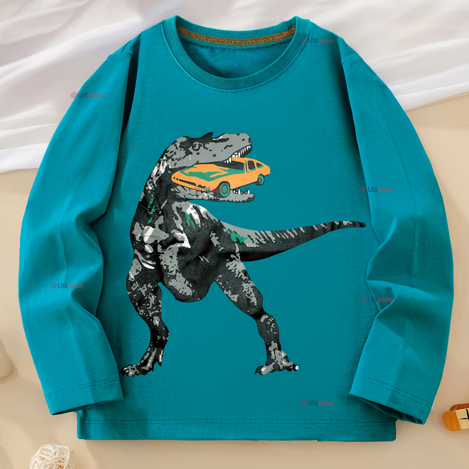 Polera Manga Larga Niño 100% Algodón Dinosaurio Verde Camiseta