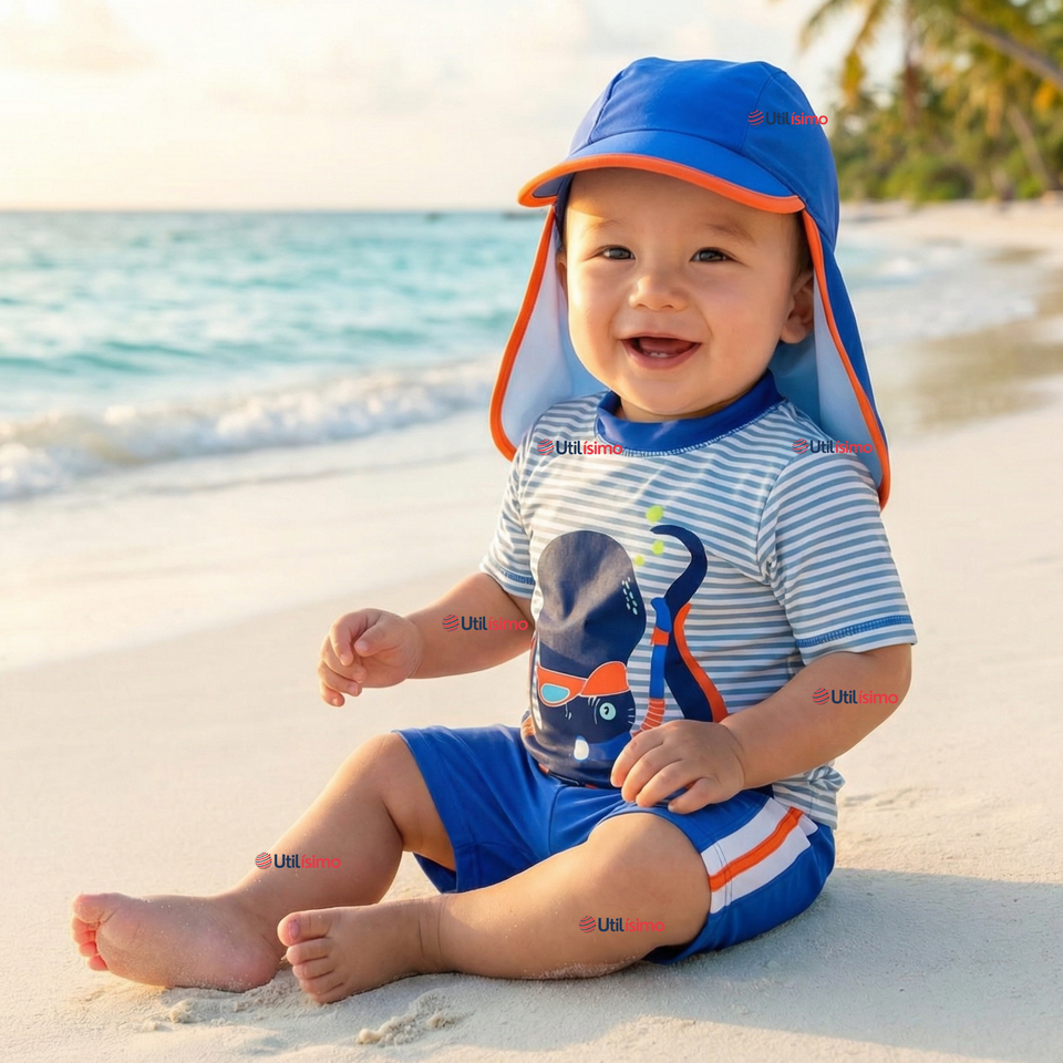 Traje de Baño Con Gorro Pantalón Corto Manga Corta 3 Piezas Corte Split Niño 1 a 5 años Blue Octopus