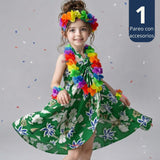 Traje Páscuense Pareo Hawaiano Verde Niña Con Accesorios