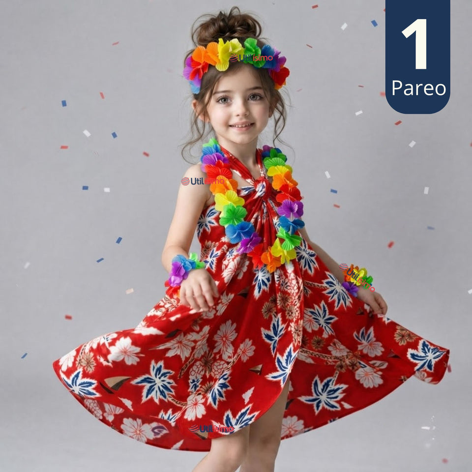 Traje Pareo Pascuense Hawaiano Rojo con Accesorios Niña Fiestas Patrias