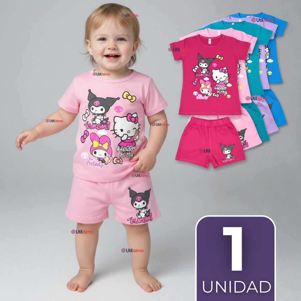 Conjunto Sanrio 100% Algodón Polera Pantalón Corto Niña Kuromi Hello Kitty My Melody