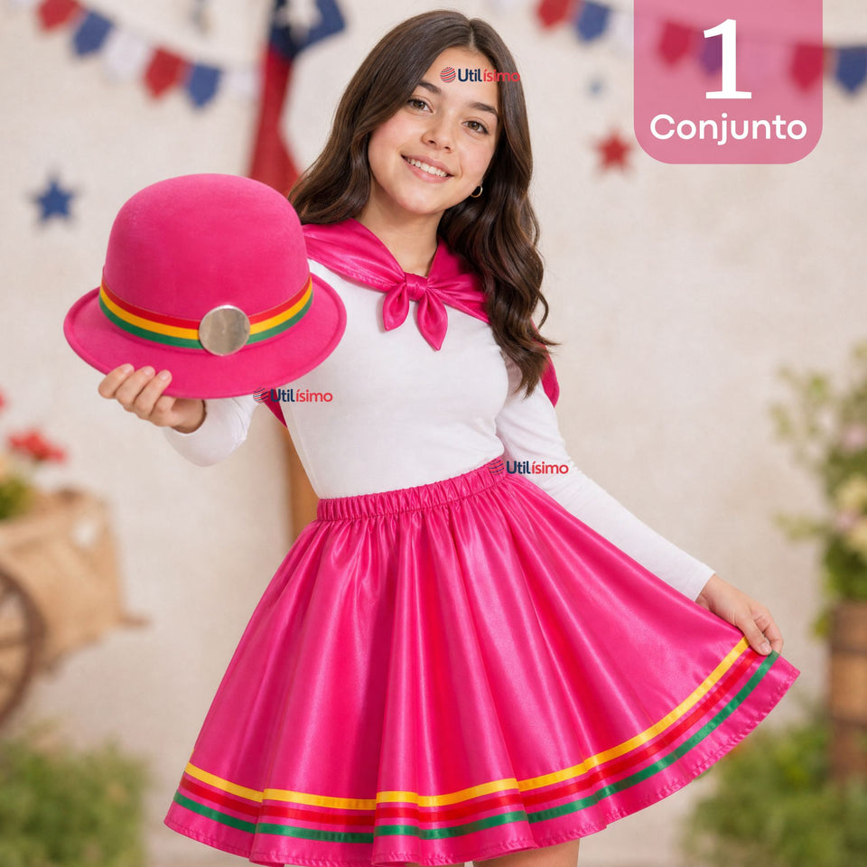 Traje Nortino Juvenil Con Polera 4 Piezas Fucsia Baile Típico Fiestas Patrias
