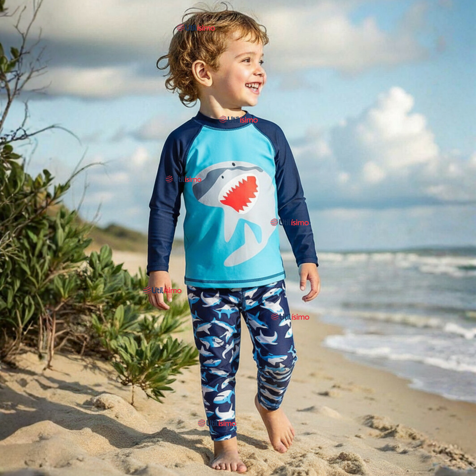 Traje de Baño Manga Larga Pantalón Largo 2 Piezas Corte Split Niño 3 a 11 años Blue Shark