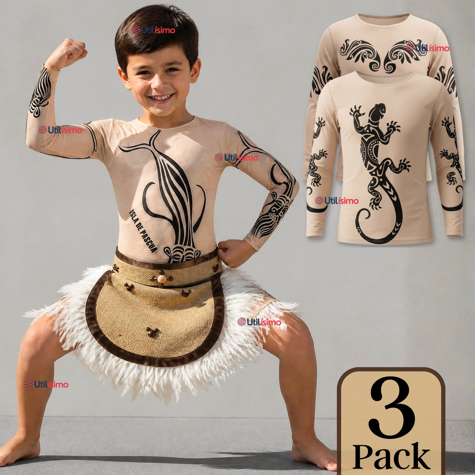 Pack 3 Poleras Efecto Piel Con Tatuajes Niño Rapa Nui Fiestas Patrias