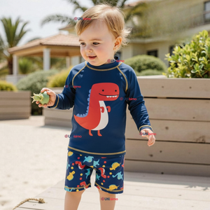 Traje de Baño Manga Larga Pantalón Corto 2 Piezas Corte Split Niño 3 a 9 años Blue Dinosaur