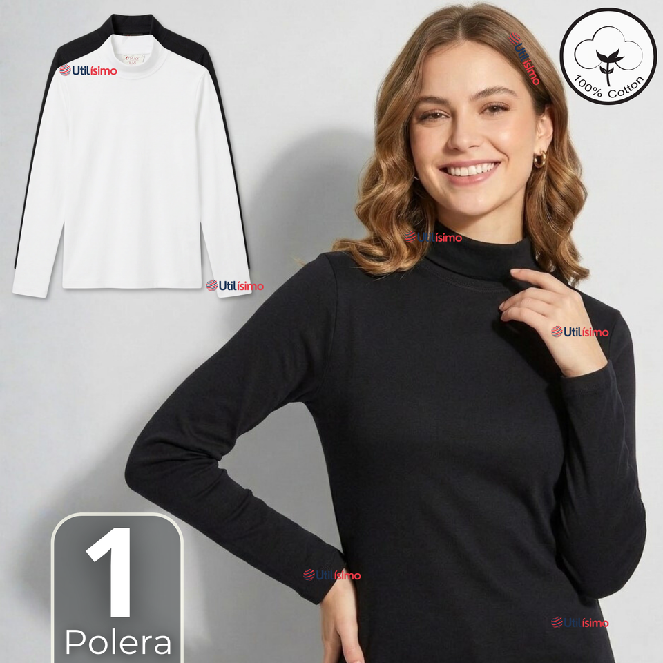 Camiseta Polera Algodón Primera Capa Cuello Beatle Manga Larga Blanco Negro Mujer