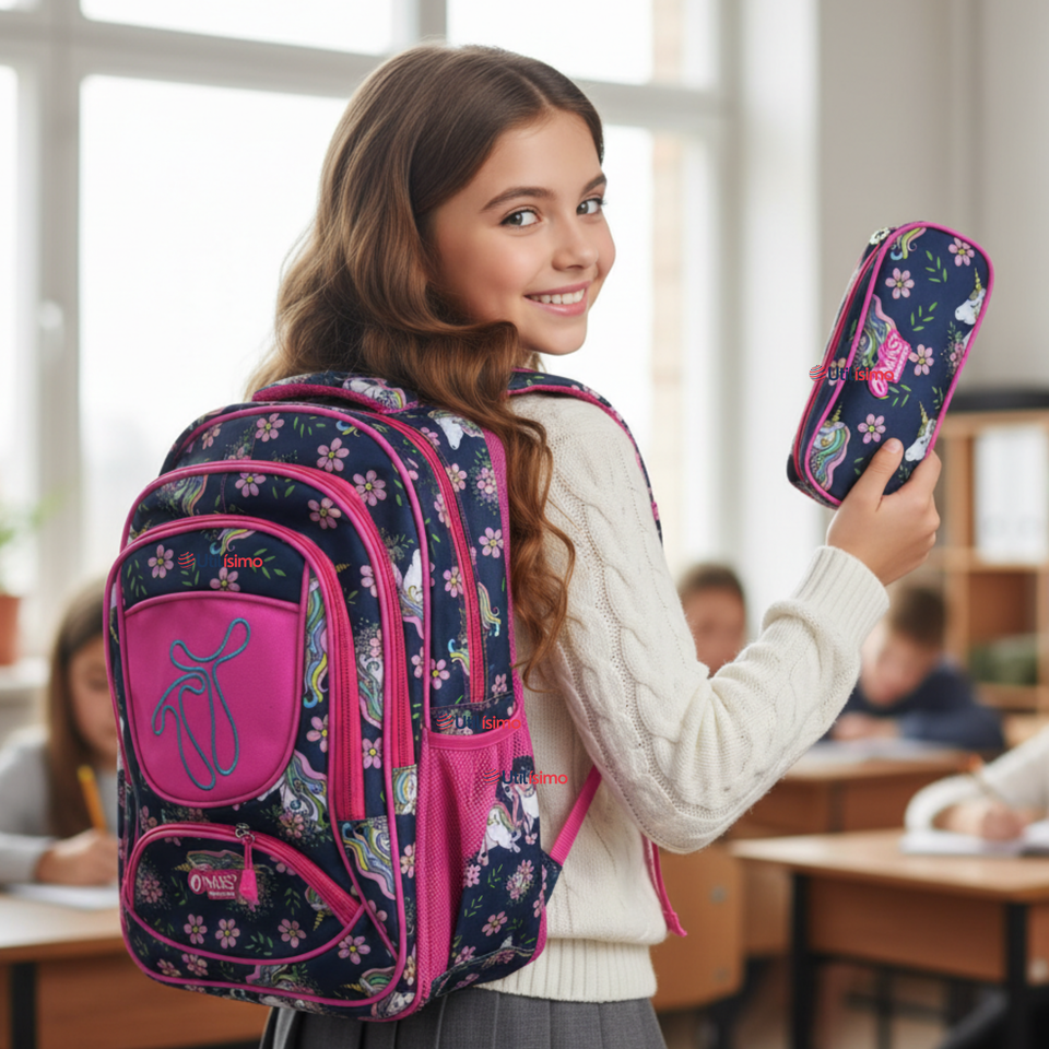 Mochila Escolar Con Estuche 43cm Tela Oxford Impermeable Niña