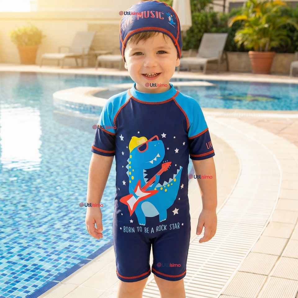 Traje de Baño Enterito Cremallera Manga Corta Con Gorro Niño 2 a 4 años Blue Dinosaur