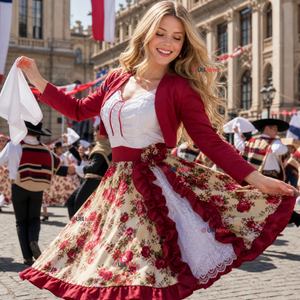 Vestido Chinita Huasa Mujer 2 Piezas Burdeo Floreado Cueca Fiestas Patrias