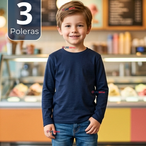 Pack 3 Poleras Camisetas Bambú Azul Oscuro Cuello Redondo Primera Capa Manga Larga Niño