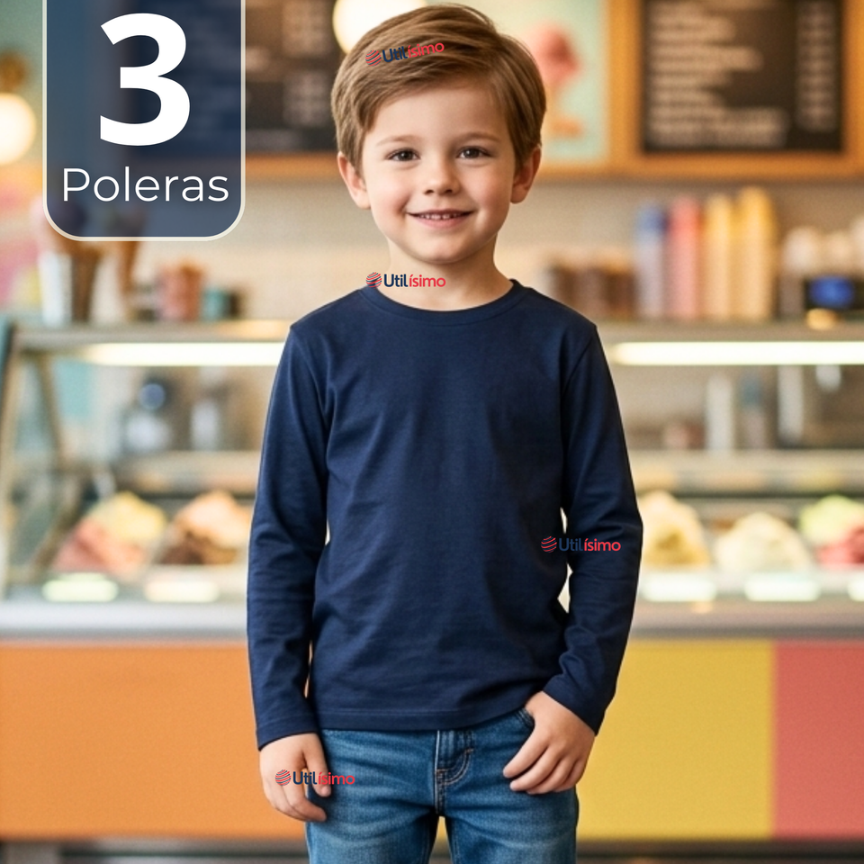 Pack 3 Poleras Camisetas Bambú Azul Oscuro Cuello Redondo Primera Capa Manga Larga Niño