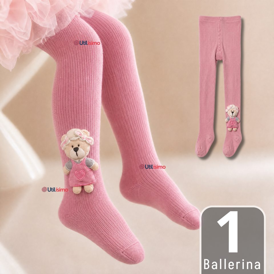 Panty 3D Osito Rosado Tejida Niña Ballerina 78% Algodón Premium