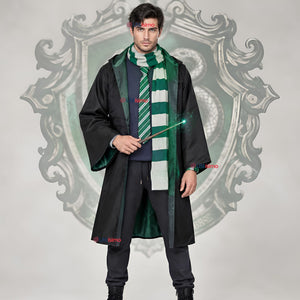 Disfraz Mago Verde Con Capa + Bufanda + Corbata + Varita Slytherin Adulto