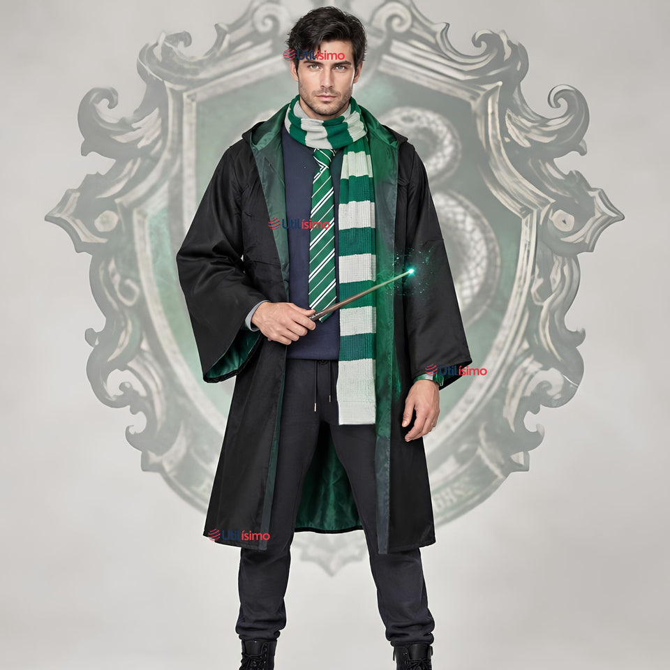 Disfraz Mago Verde Con Capa + Bufanda + Corbata + Varita Slytherin Adulto