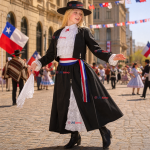 Traje Huasa Elegante Negro Juvenil Conjunto 7 Piezas Típico Fiestas Patrias