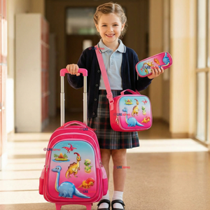 Mochila Escolar Con Ruedas + Estuche + Lonchera 46cm Desmontable Poliéster Rosa Dinosaurio Niña