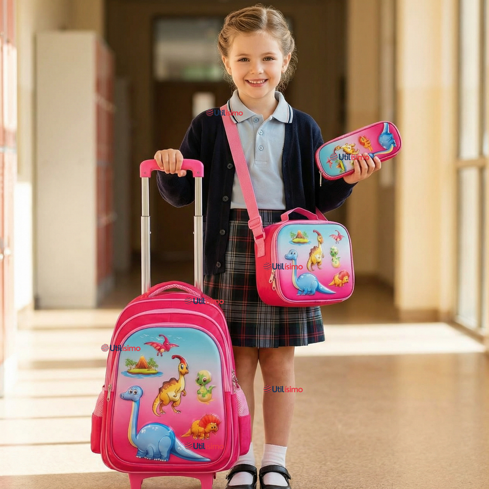 Mochila Escolar Con Ruedas + Estuche + Lonchera 46cm Desmontable Poliéster Rosa Dinosaurio Niña