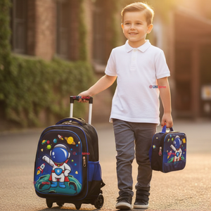 Mochila Escolar Con Ruedas + Estuche + Lonchera Poliéster Astronauta Niño