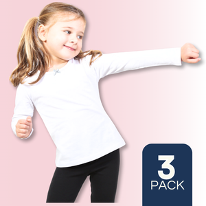 Pack 3 Camisetas Algodón Manga Larga Polera Niña Primera Capa Cuello Redondo Blanca