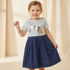 Vestido Manga Corta Casual Azul Unicornio Lentejuela Verano Niña 2 a 7 años