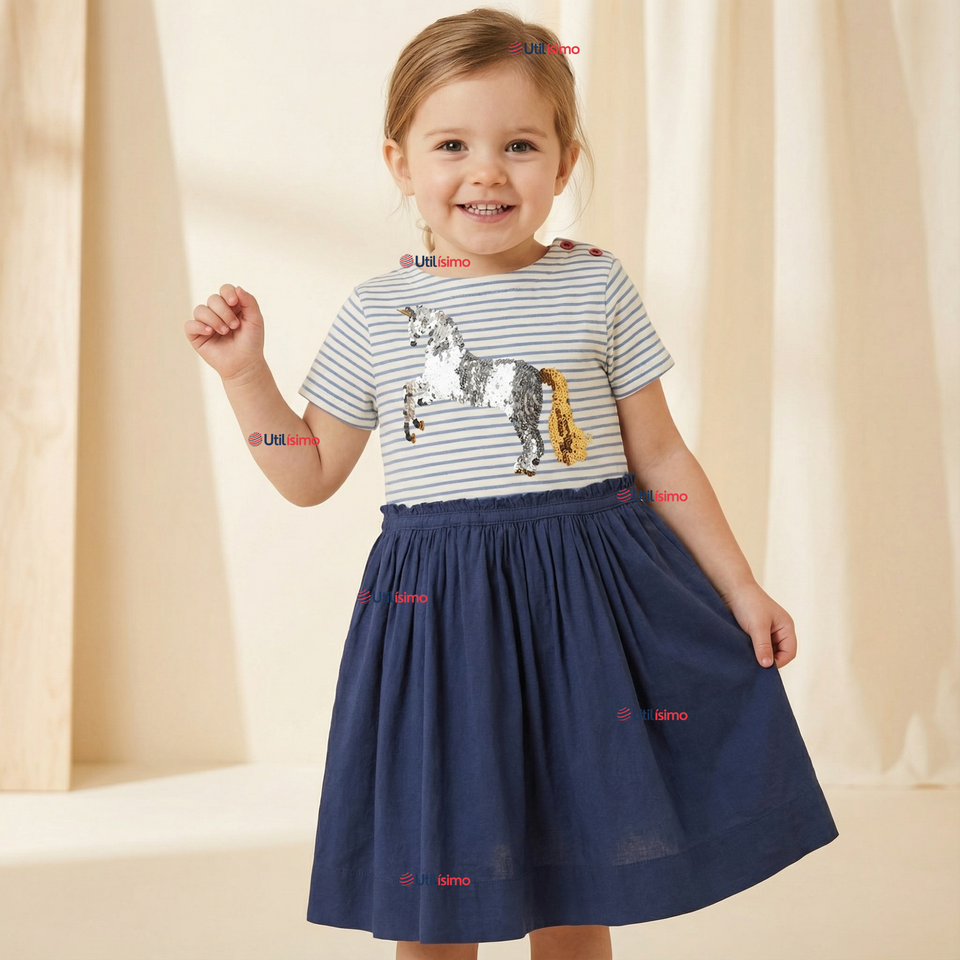 Vestido Manga Corta Casual Azul Unicornio Lentejuela Verano Niña 2 a 7 años