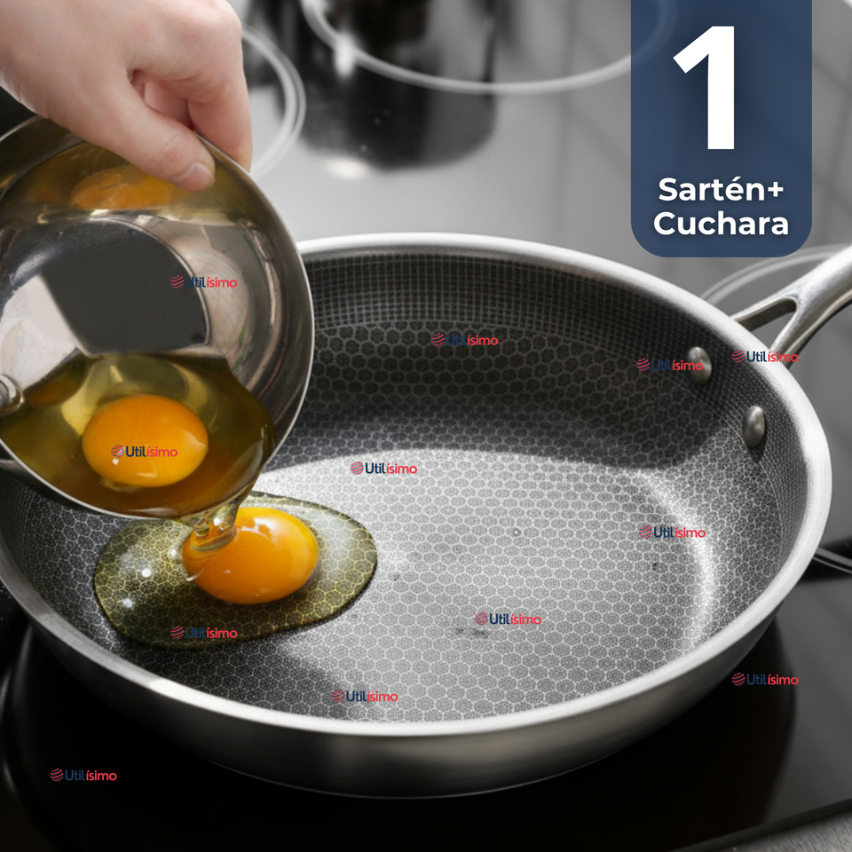 Sartén Acero Inoxidable Antiadherente 24cm +Cuchara de Madera de Bambú