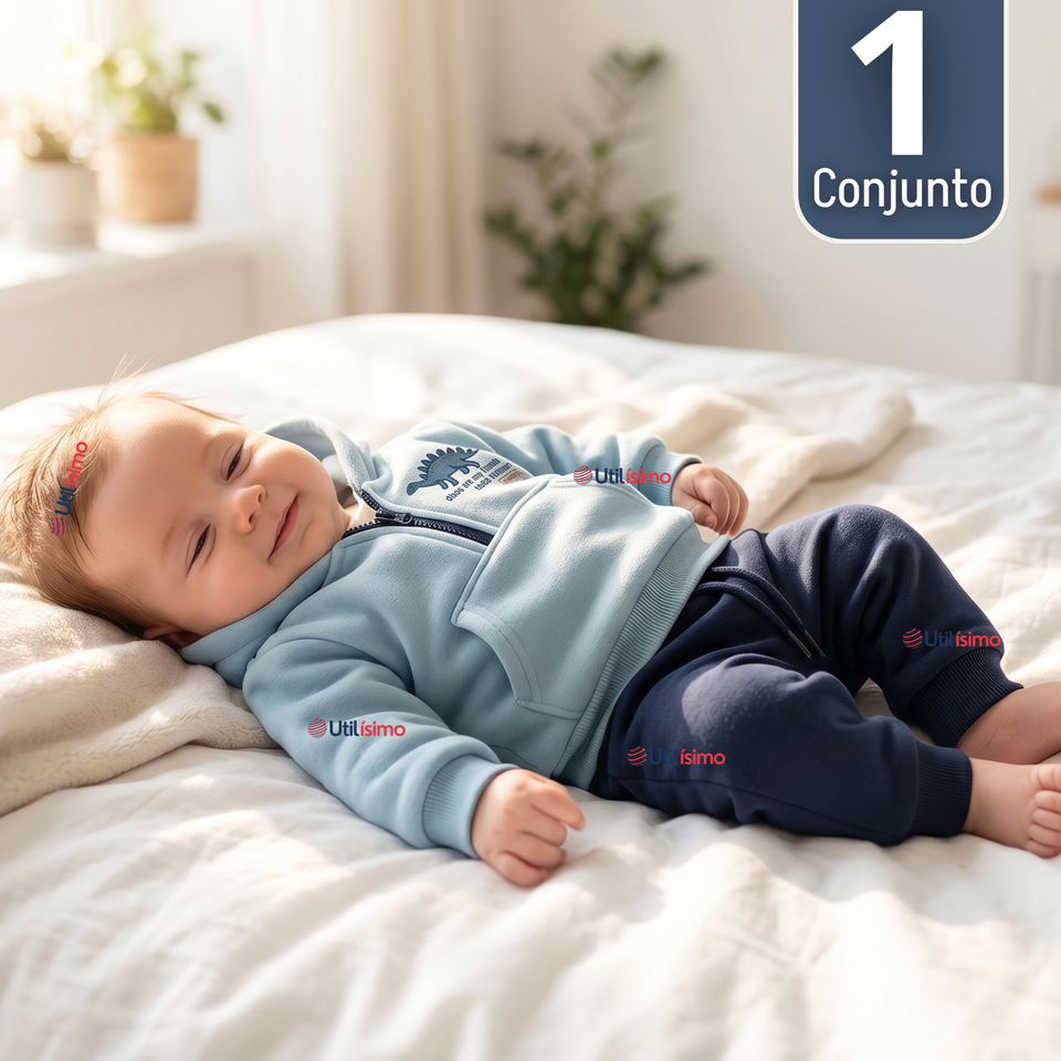 Conjunto 2 Piezas Buzo Pantalón Y Polerón Con Capucha Azul Dinosaurio Bebé Niño